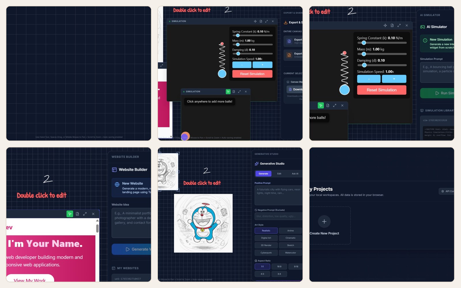 CanvasMind whiteboard, AI simulator, website builder and generative studio