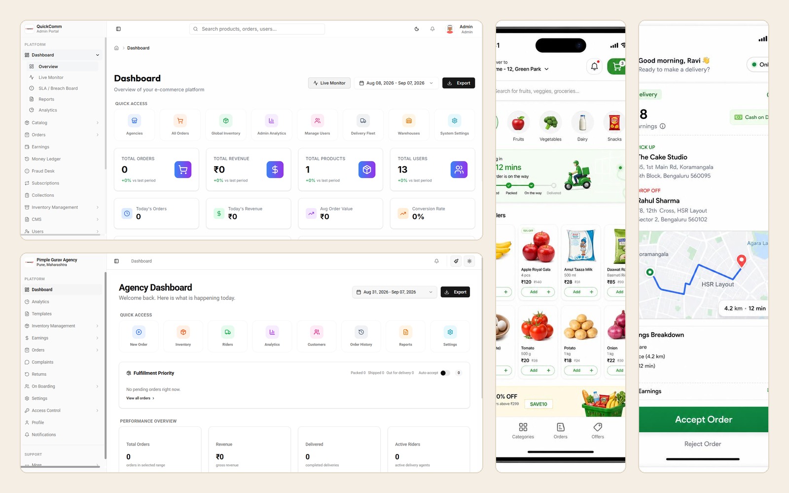 QuickComm admin portal, agency dashboard, customer app and delivery partner app